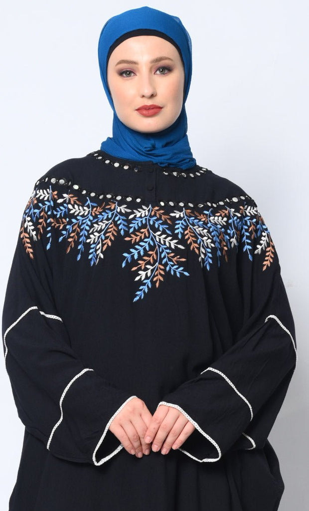 Royal Elegance: Women's Black Kaftan with Embroidery and Foil Mirror Work - EastEssence.com