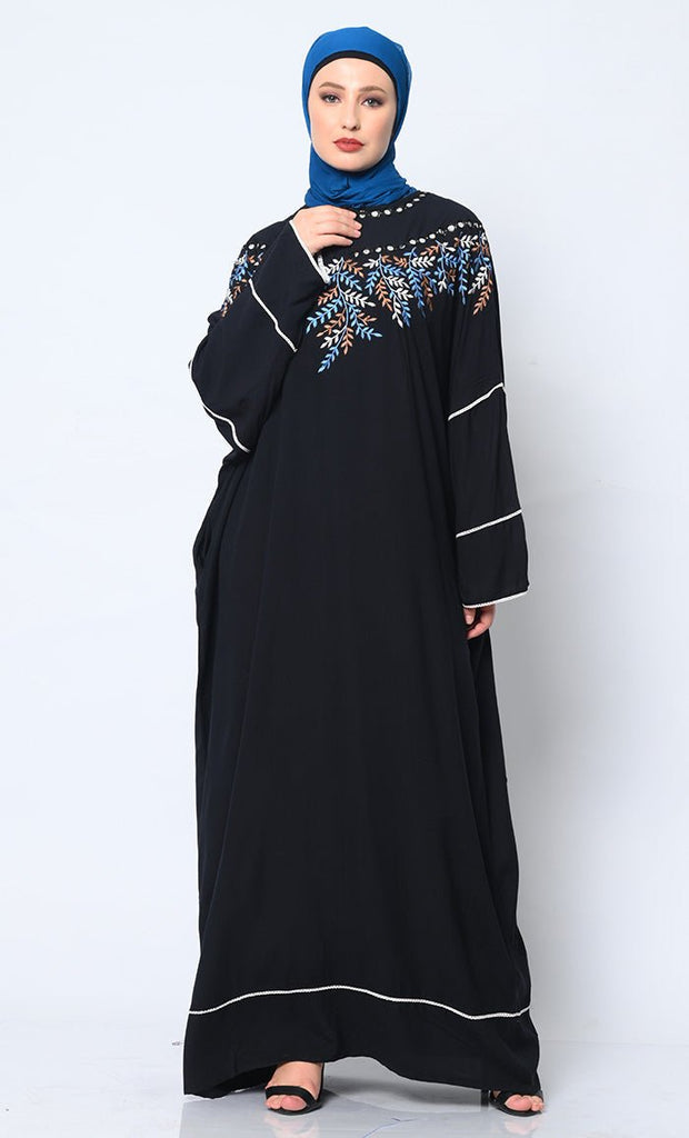 Royal Elegance: Women's Black Kaftan with Embroidery and Foil Mirror Work - EastEssence.com