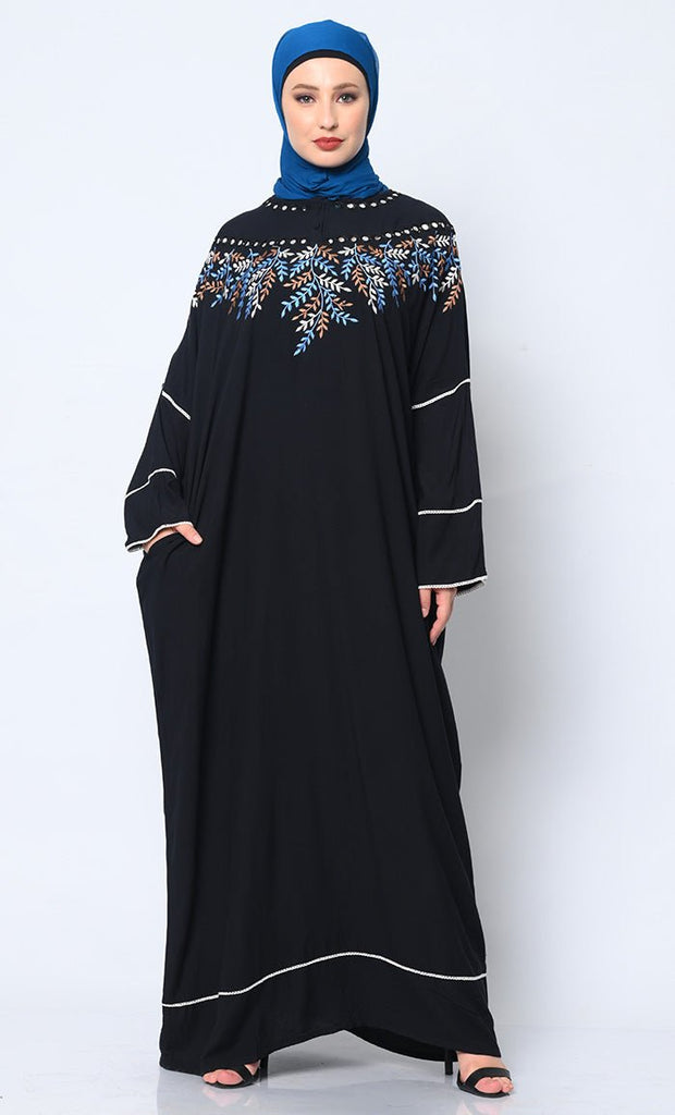 Royal Elegance: Women's Black Kaftan with Embroidery and Foil Mirror Work - EastEssence.com