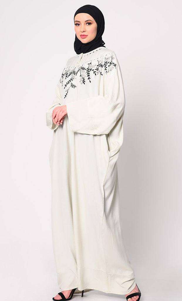 Royal Elegance Women's Ivory Kaftan with Embroidery and Foil Mirror Work - EastEssence.com