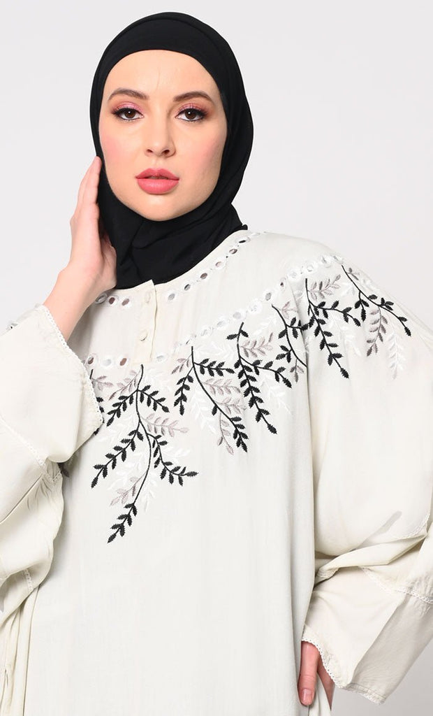 Royal Elegance Women's Ivory Kaftan with Embroidery and Foil Mirror Work - EastEssence.com