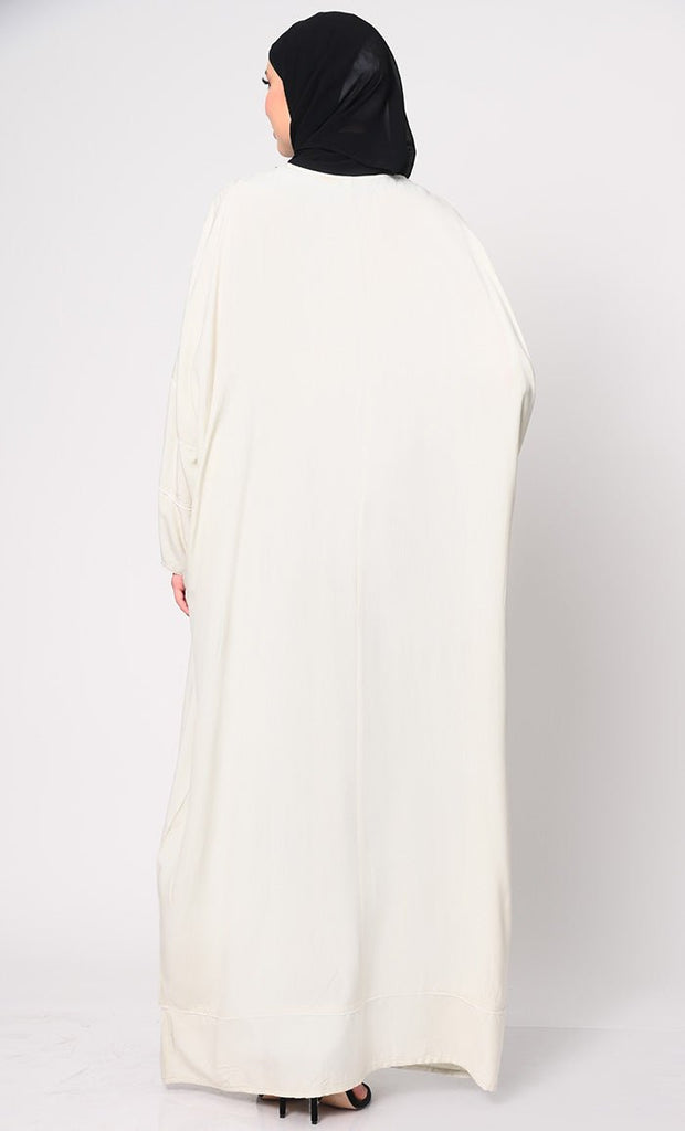 Royal Elegance Women's Ivory Kaftan with Embroidery and Foil Mirror Work - EastEssence.com