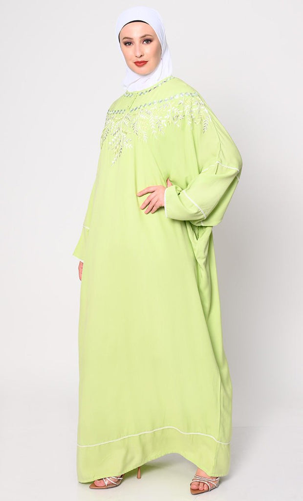 Royal Elegance: Women's Pista Green Kaftan with Embroidery and Foil Mirror Work - EastEssence.com