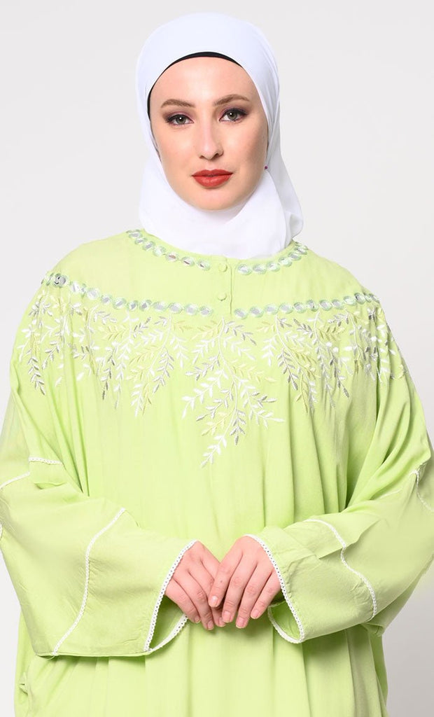 Royal Elegance: Women's Pista Green Kaftan with Embroidery and Foil Mirror Work - EastEssence.com