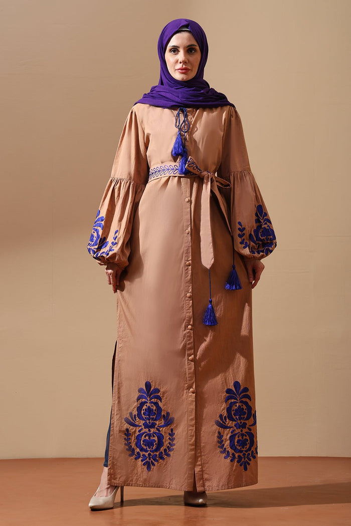 Royal Indigo Embroidered Camel Maxi Shirt Dress - EastEssence.com