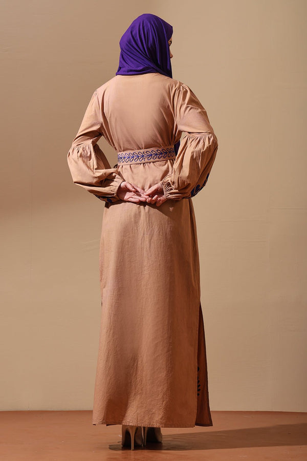 Royal Indigo Embroidered Camel Maxi Shirt Dress - EastEssence.com
