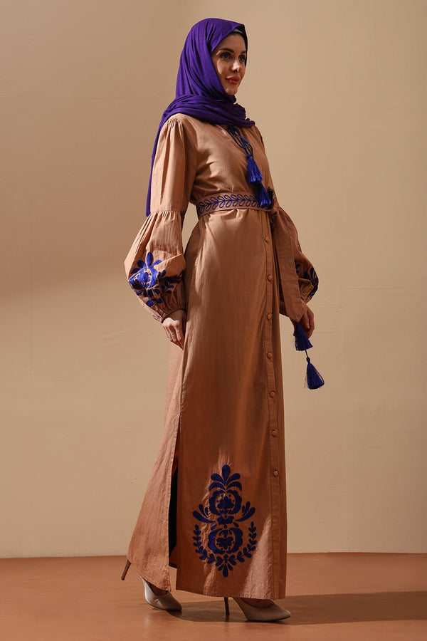 Royal Indigo Embroidered Camel Maxi Shirt Dress - EastEssence.com