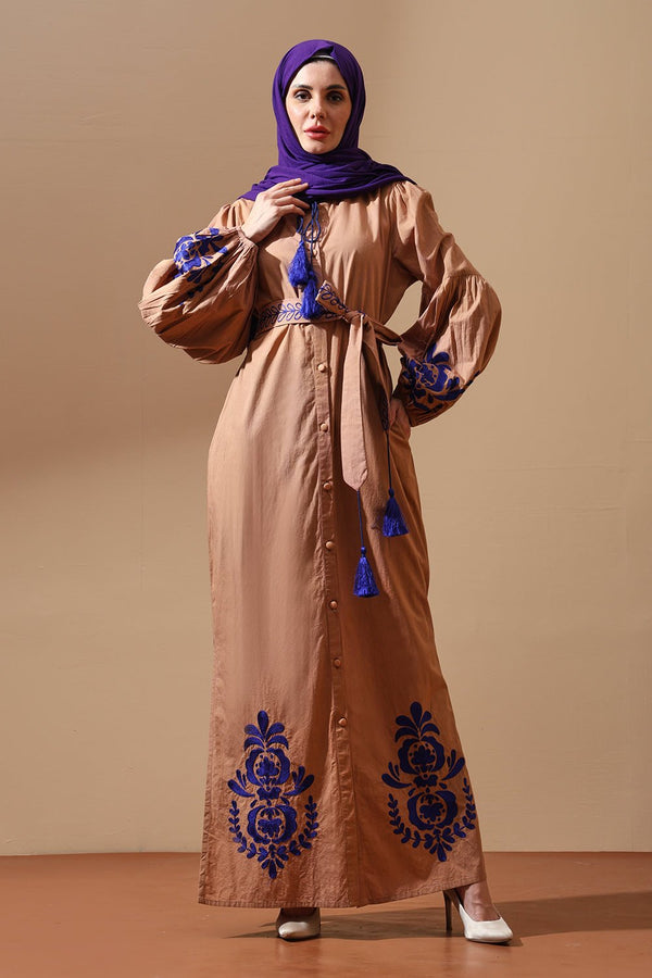 Royal Indigo Embroidered Camel Maxi Shirt Dress - EastEssence.com