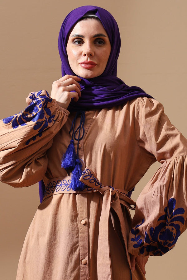 Royal Indigo Embroidered Camel Maxi Shirt Dress - EastEssence.com