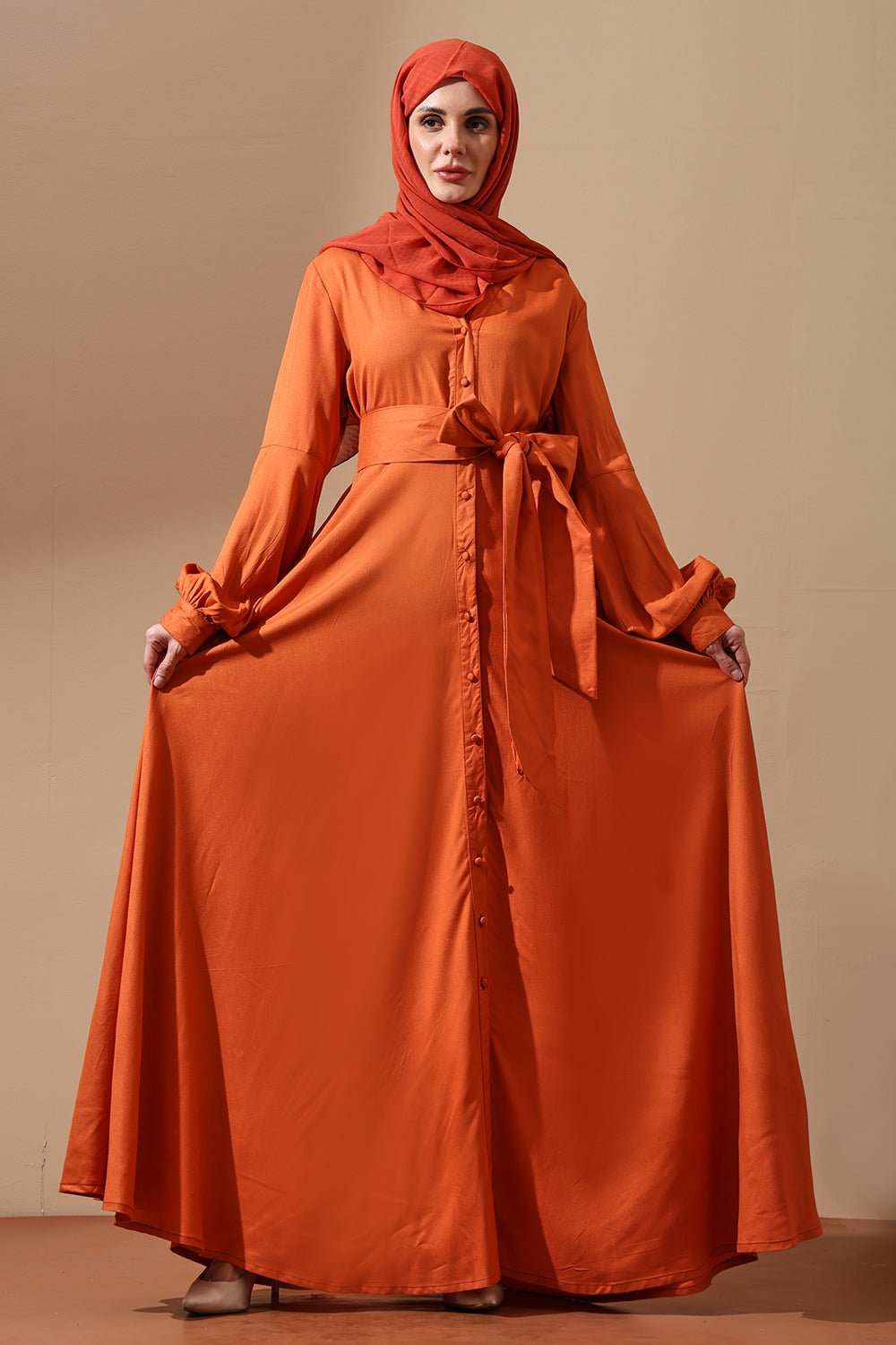 Rust Orange Belted Abaya with Button Detail - EastEssence.com