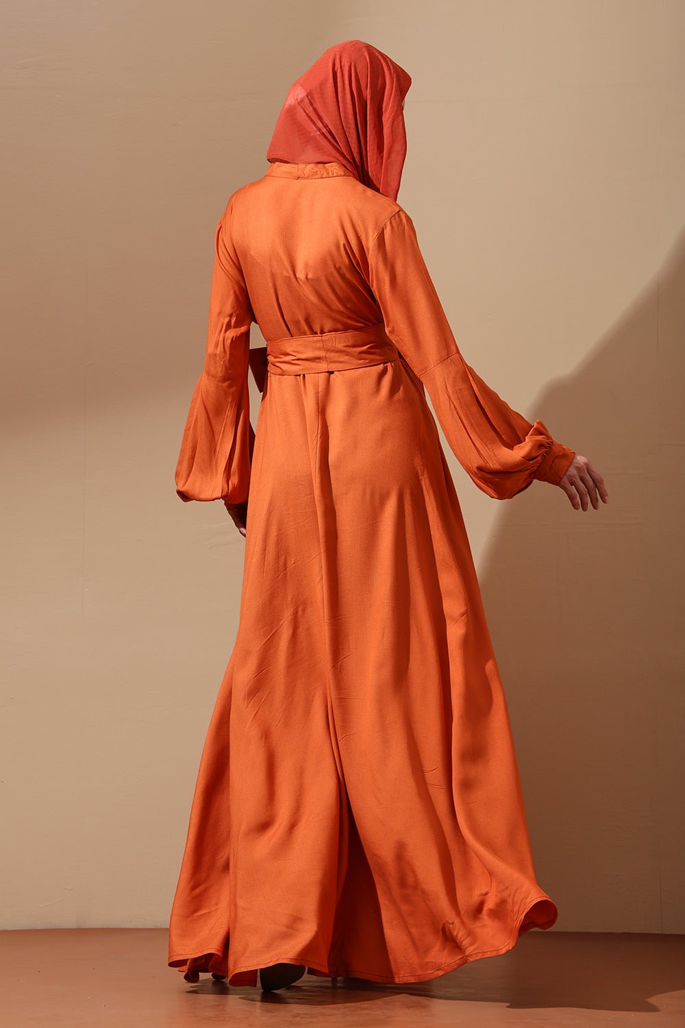 Rust Orange Belted Abaya with Button Detail - EastEssence.com
