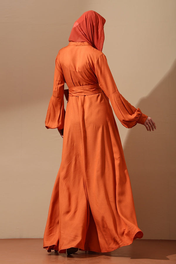 Rust Orange Belted Abaya with Button Detail - EastEssence.com