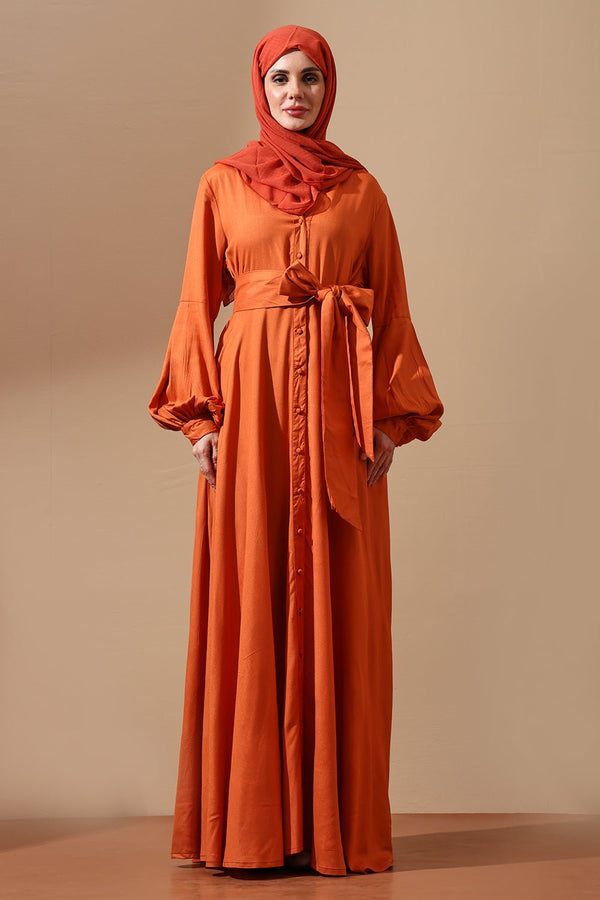 Rust Orange Belted Abaya with Button Detail - EastEssence.com
