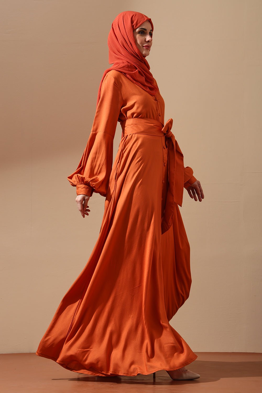 Rust Orange Belted Abaya with Button Detail - EastEssence.com