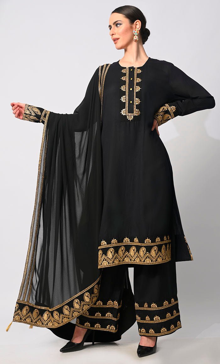 Sartorial Mastery: Traditional Black 3-Piece Embroidered Palazzo Set with Dupatta - EastEssence.com