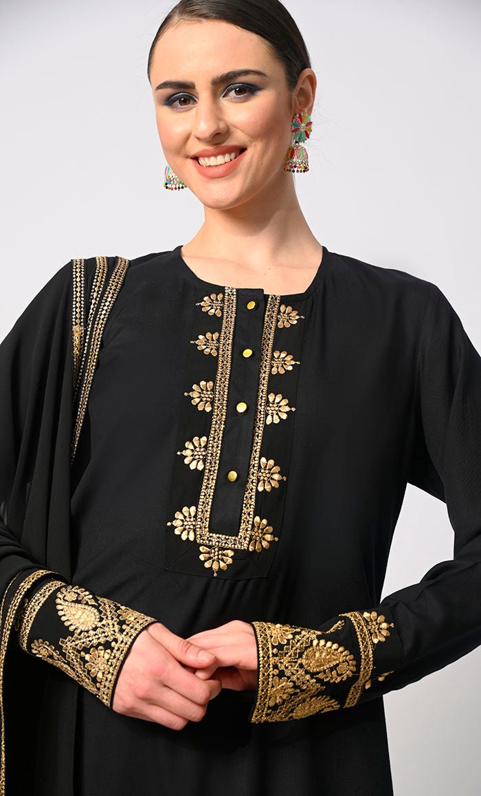 Sartorial Mastery: Traditional Black 3-Piece Embroidered Palazzo Set with Dupatta - EastEssence.com