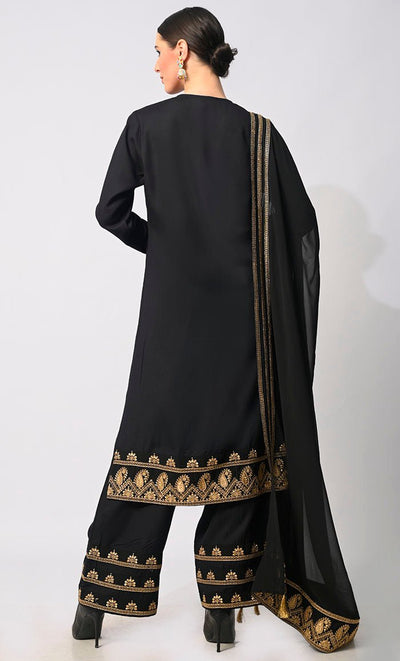 Sartorial Mastery: Traditional Black 3-Piece Embroidered Palazzo Set with Dupatta - EastEssence.com