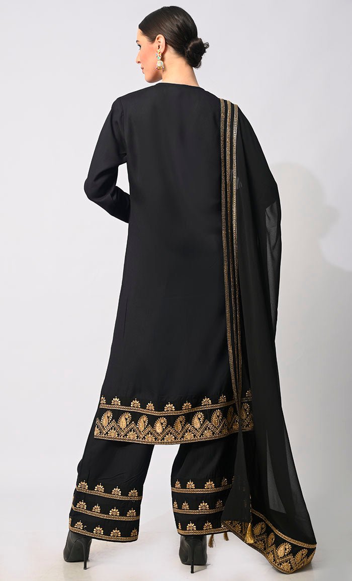 Sartorial Mastery: Traditional Black 3-Piece Embroidered Palazzo Set with Dupatta - EastEssence.com
