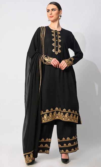 Sartorial Mastery: Traditional Black 3-Piece Embroidered Palazzo Set with Dupatta - EastEssence.com