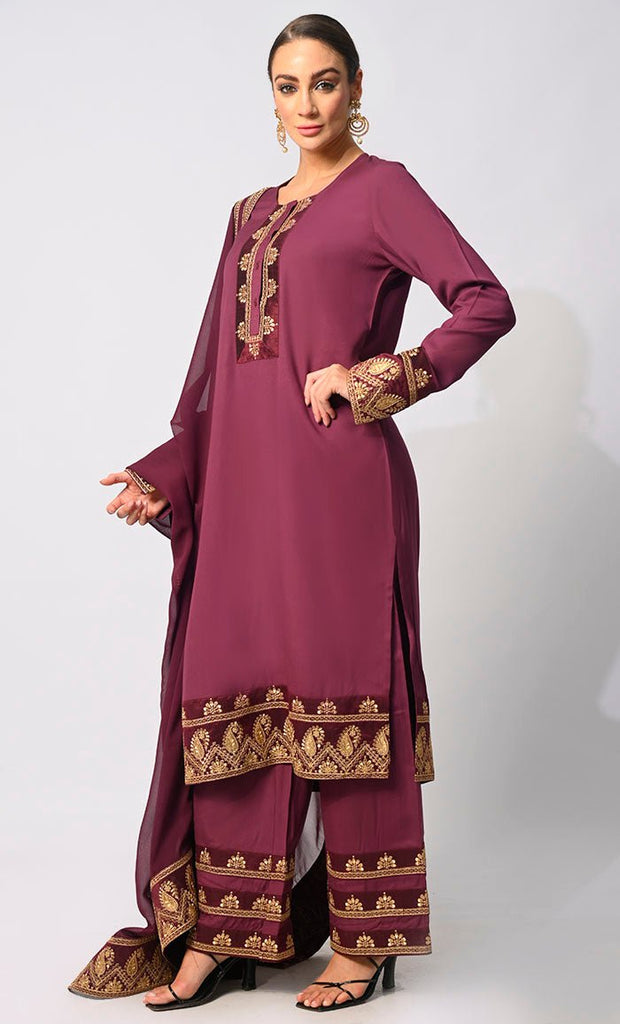 Sartorial Mastery: Traditional Maroon 3-Piece Embroidered Palazzo Set with Dupatta - EastEssence.com