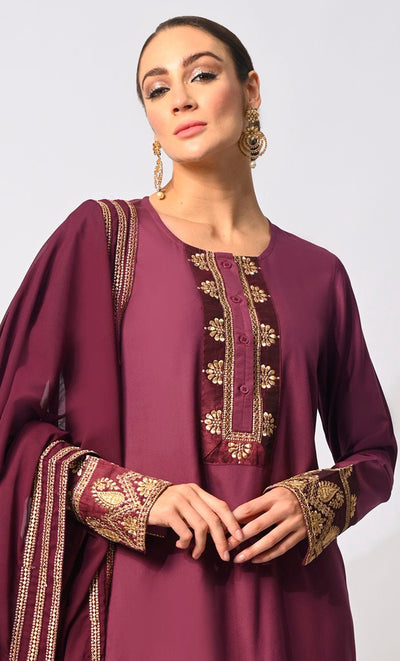 Sartorial Mastery: Traditional Maroon 3-Piece Embroidered Palazzo Set with Dupatta - EastEssence.com