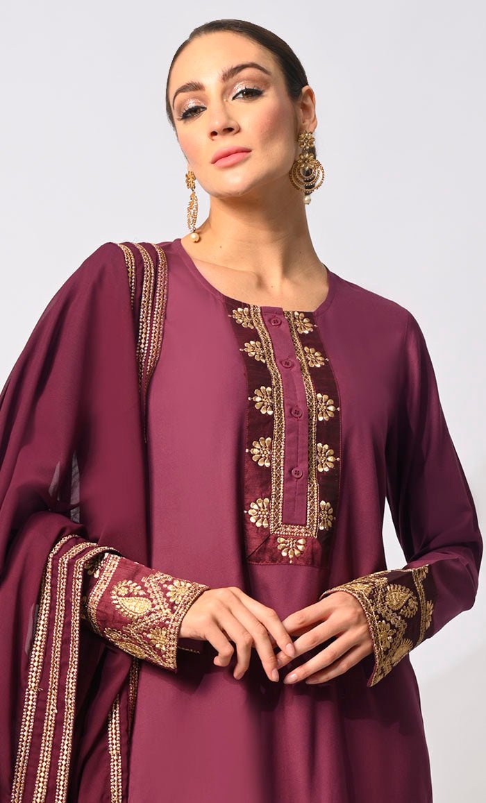 Sartorial Mastery: Traditional Maroon 3-Piece Embroidered Palazzo Set with Dupatta - EastEssence.com