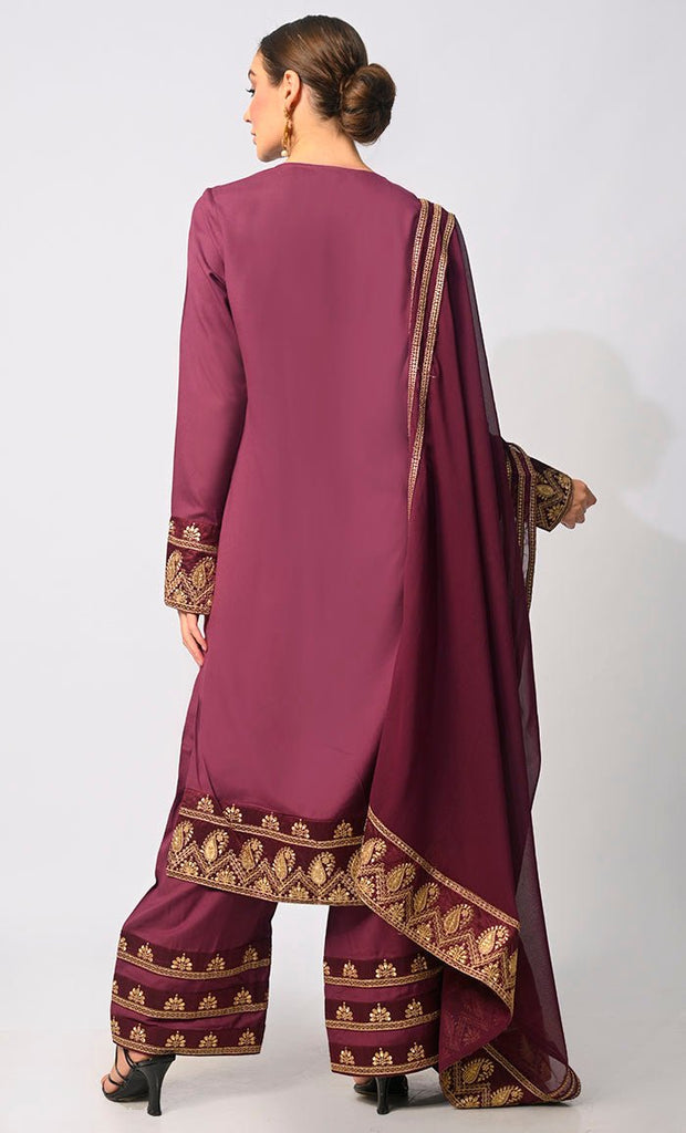 Sartorial Mastery: Traditional Maroon 3-Piece Embroidered Palazzo Set with Dupatta - EastEssence.com