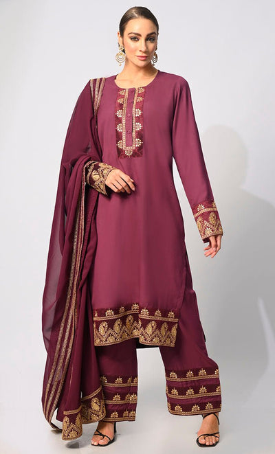 Sartorial Mastery: Traditional Maroon 3-Piece Embroidered Palazzo Set with Dupatta - EastEssence.com