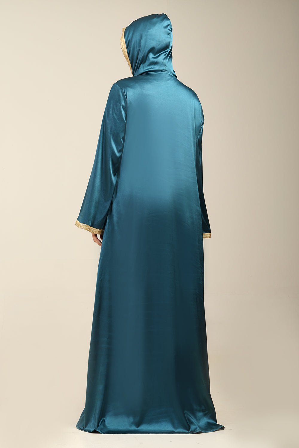 Satin Hooded Abaya with Lace Details on Front & Sleeves - EastEssence.com