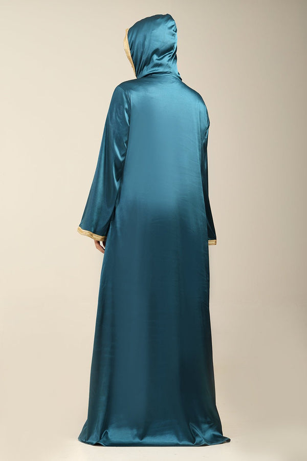 Satin Hooded Abaya with Lace Details on Front & Sleeves - EastEssence.com