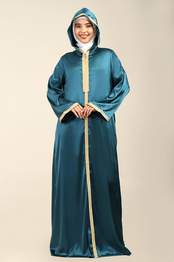 Satin Hooded Abaya with Lace Details on Front & Sleeves - EastEssence.com
