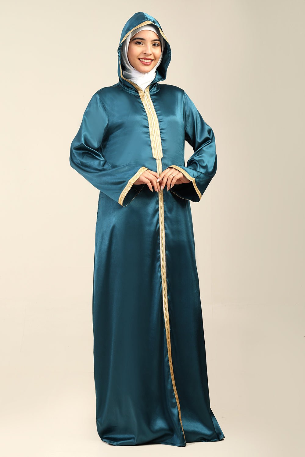 Satin Hooded Abaya with Lace Details on Front & Sleeves - EastEssence.com