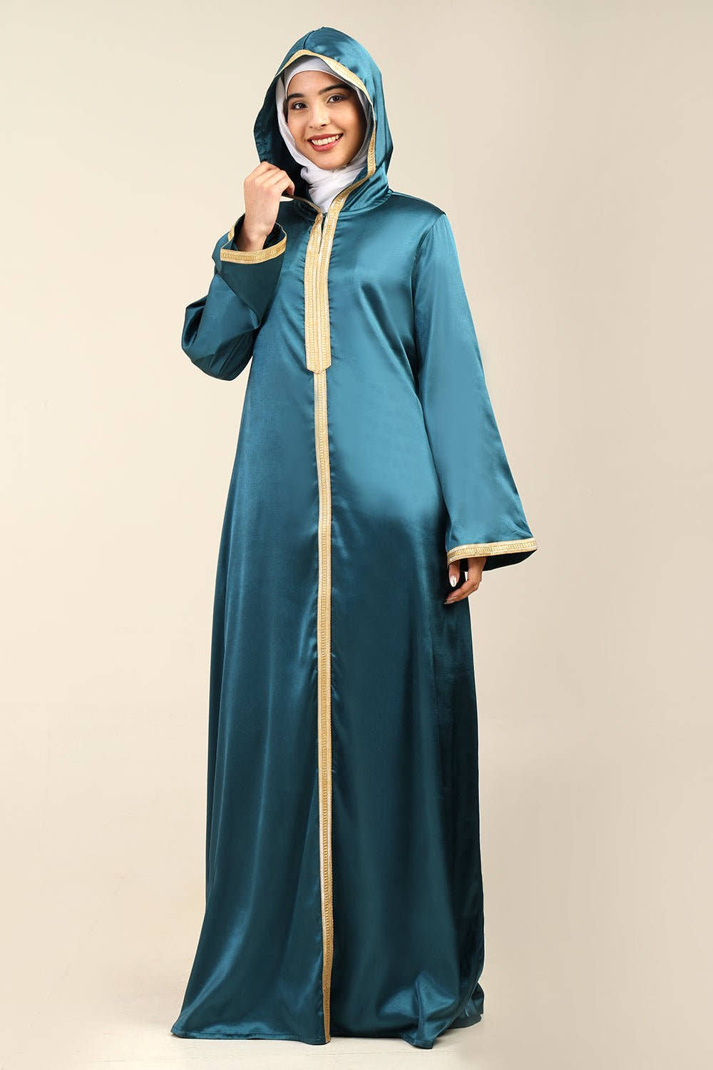 Satin Hooded Abaya with Lace Details on Front & Sleeves - EastEssence.com