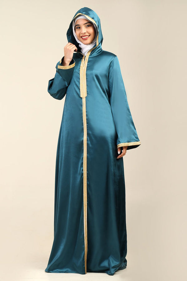 Satin Hooded Abaya with Lace Details on Front & Sleeves - EastEssence.com