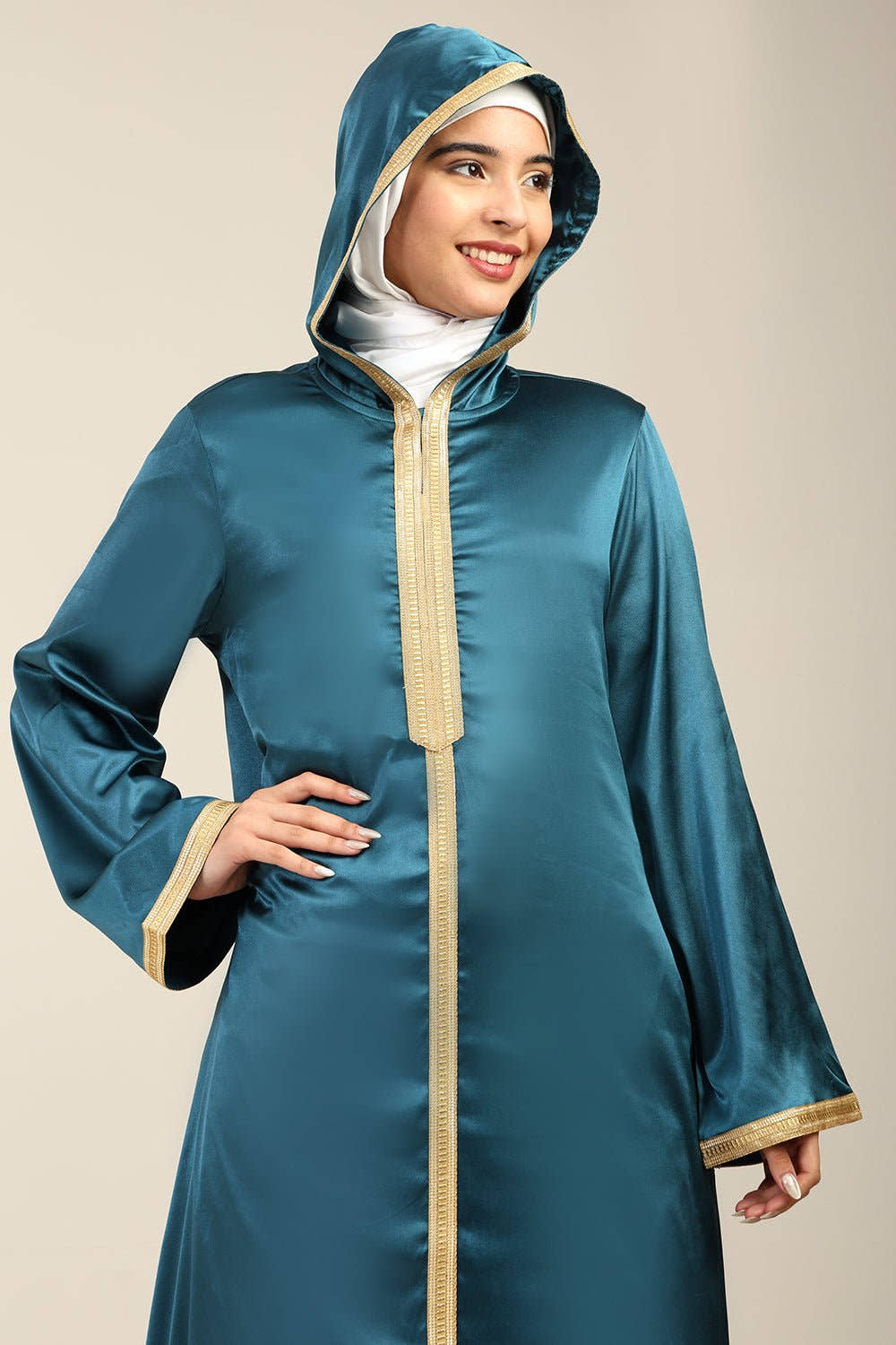 Satin Hooded Abaya with Lace Details on Front & Sleeves - EastEssence.com