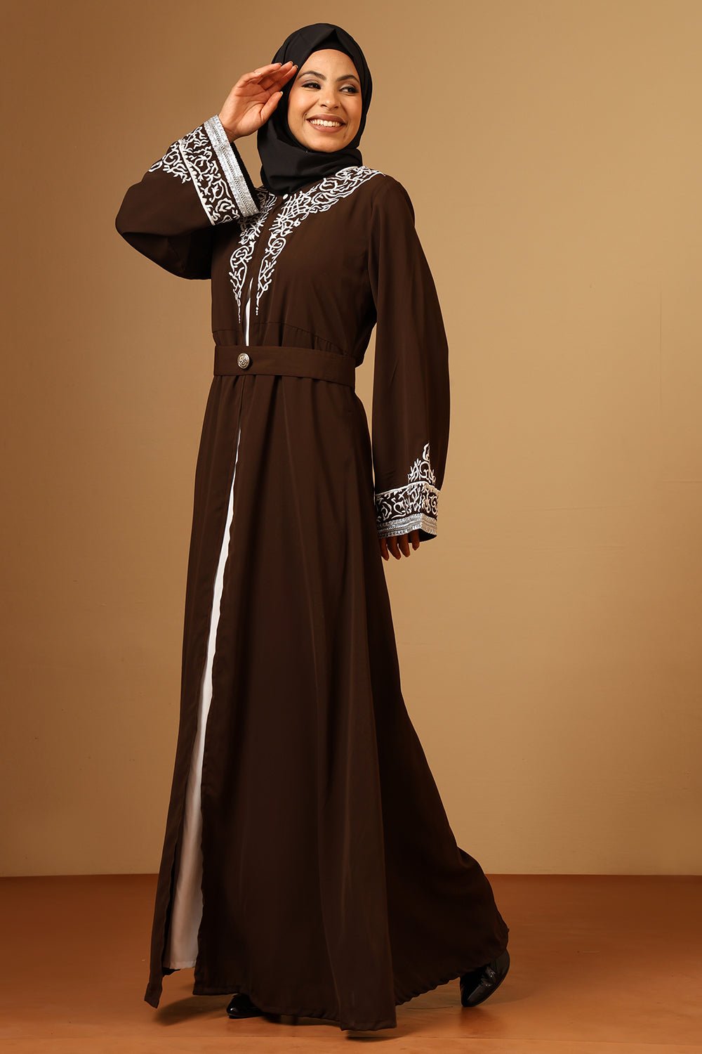Shrug Style Embroidery Abaya with Inner and waist belt - EastEssence.com