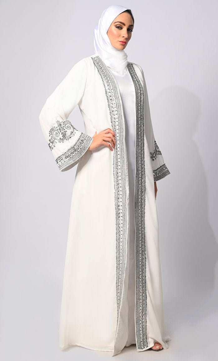 Silver Threads: Zari & Delicate Handwork White Shrug with Lining - EastEssence.com