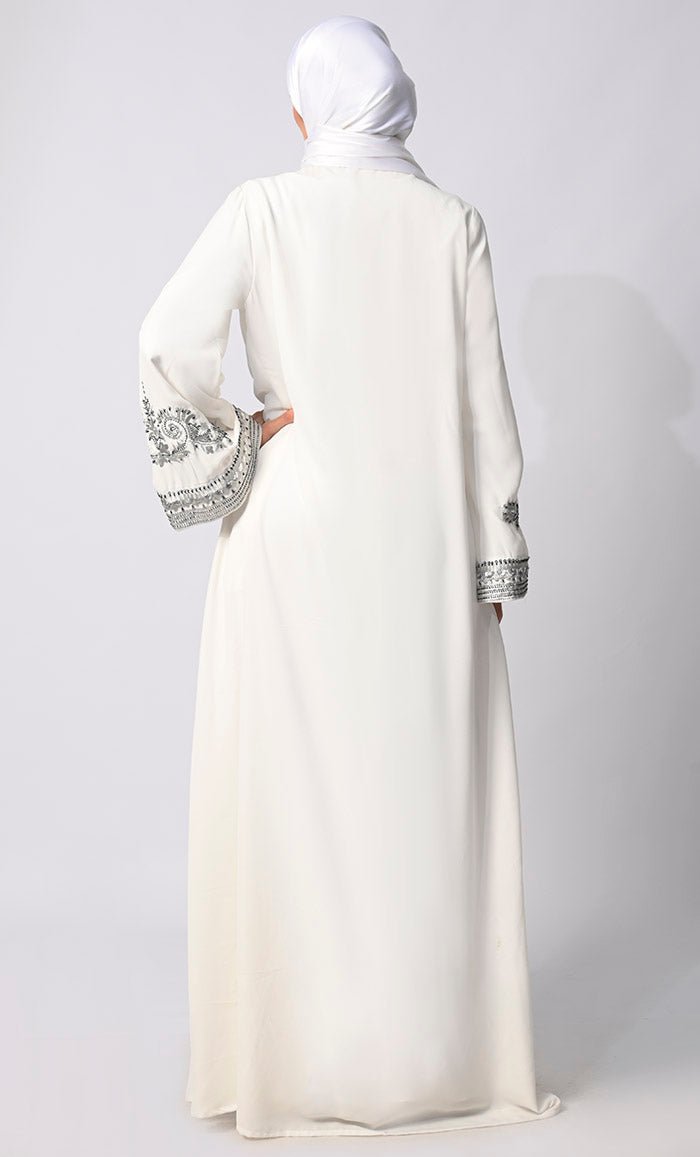 Silver Threads: Zari & Delicate Handwork White Shrug with Lining - EastEssence.com