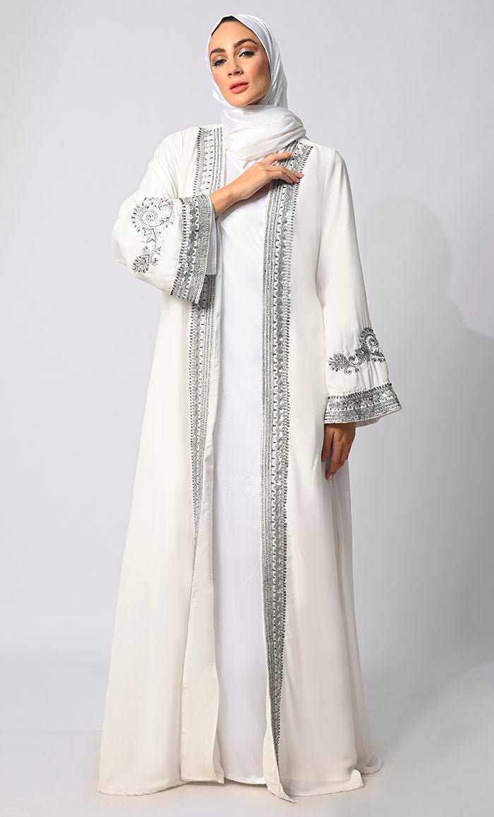 Silver Threads: Zari & Delicate Handwork White Shrug with Lining - EastEssence.com