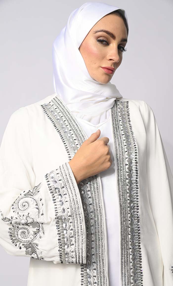 Silver Threads: Zari & Delicate Handwork White Shrug with Lining - EastEssence.com