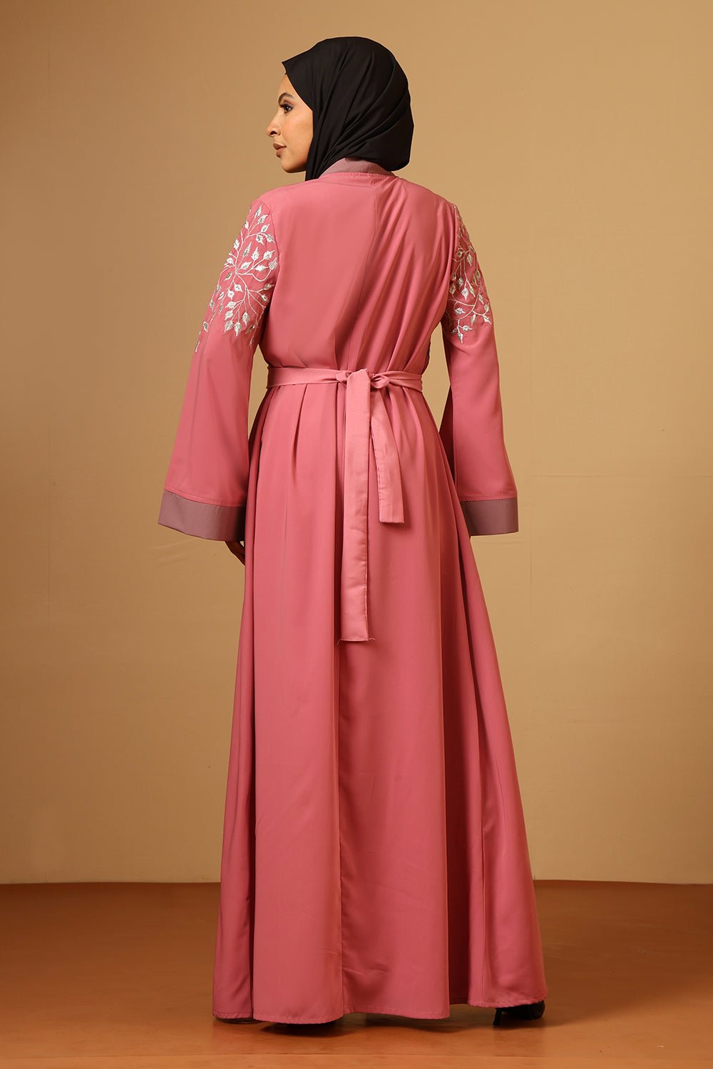 Silver Zari Embroidery front open two pc set Abaya - EastEssence.com