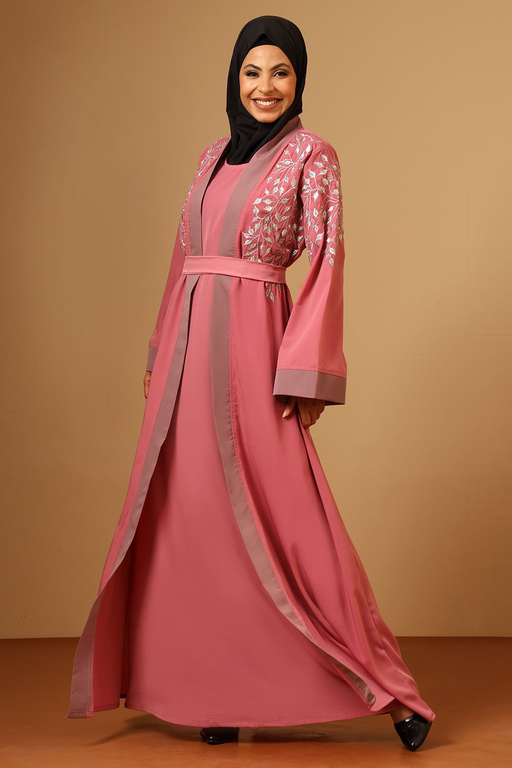 Silver Zari Embroidery front open two pc set Abaya - EastEssence.com