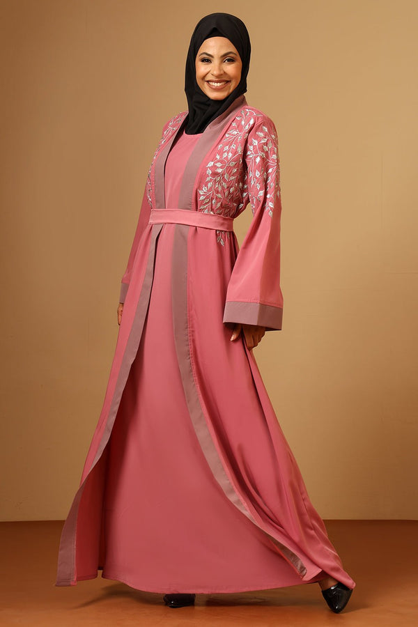 Silver Zari Embroidery front open two pc set Abaya - EastEssence.com