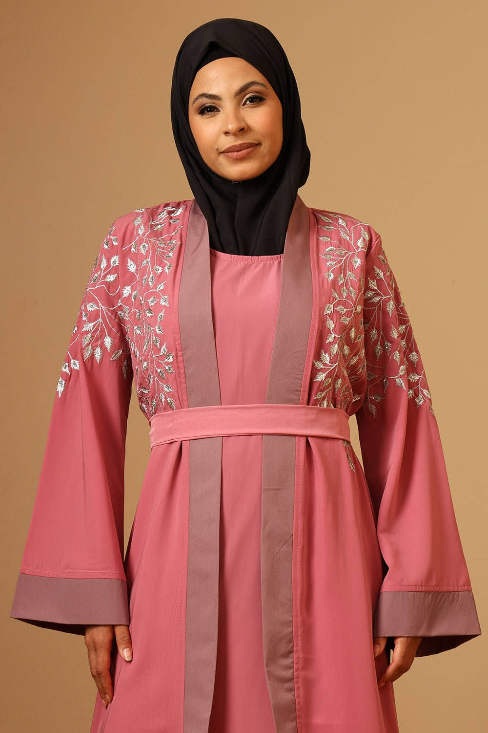 Silver Zari Embroidery front open two pc set Abaya - EastEssence.com