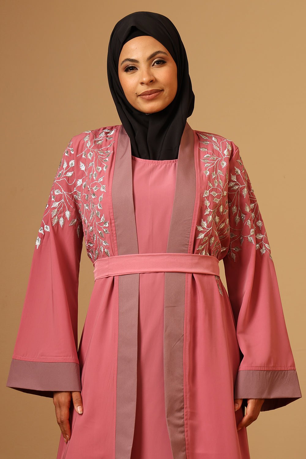 Silver Zari Embroidery front open two pc set Abaya - EastEssence.com