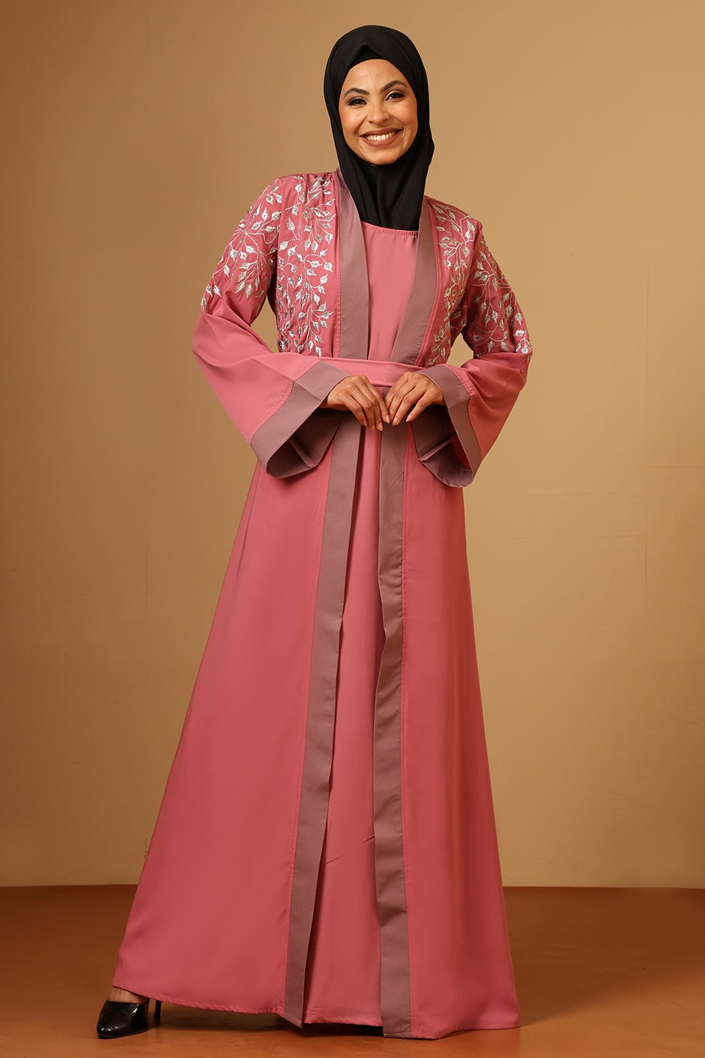 Silver Zari Embroidery front open two pc set Abaya - EastEssence.com