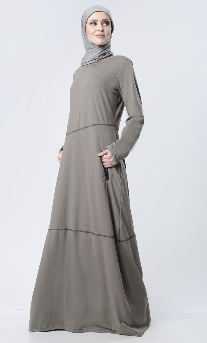 Simple Top Stitch Detailed Abaya With Pockets - Final Sale - EastEssence.com