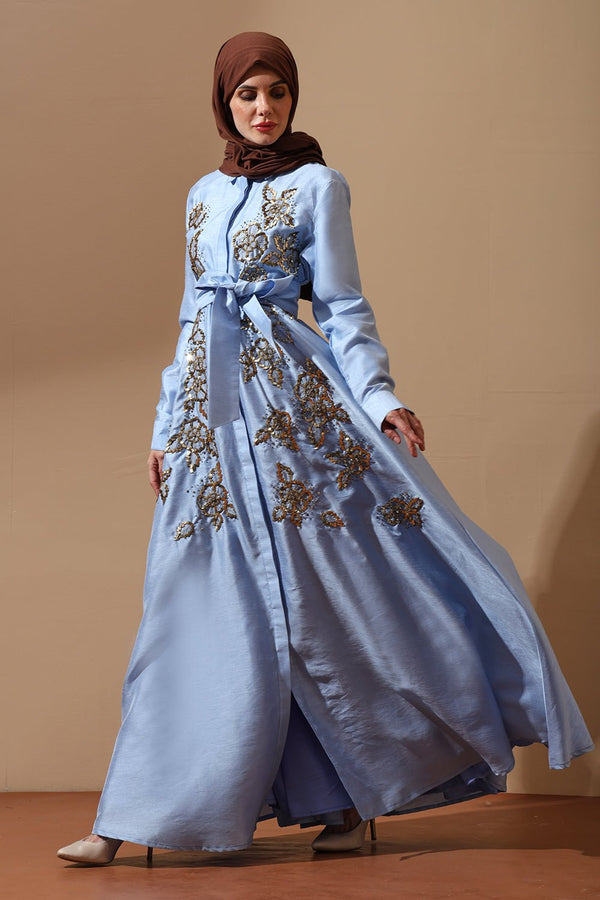 Sky Blue Embellished Luxe Abaya with Floral Embroidery - EastEssence.com