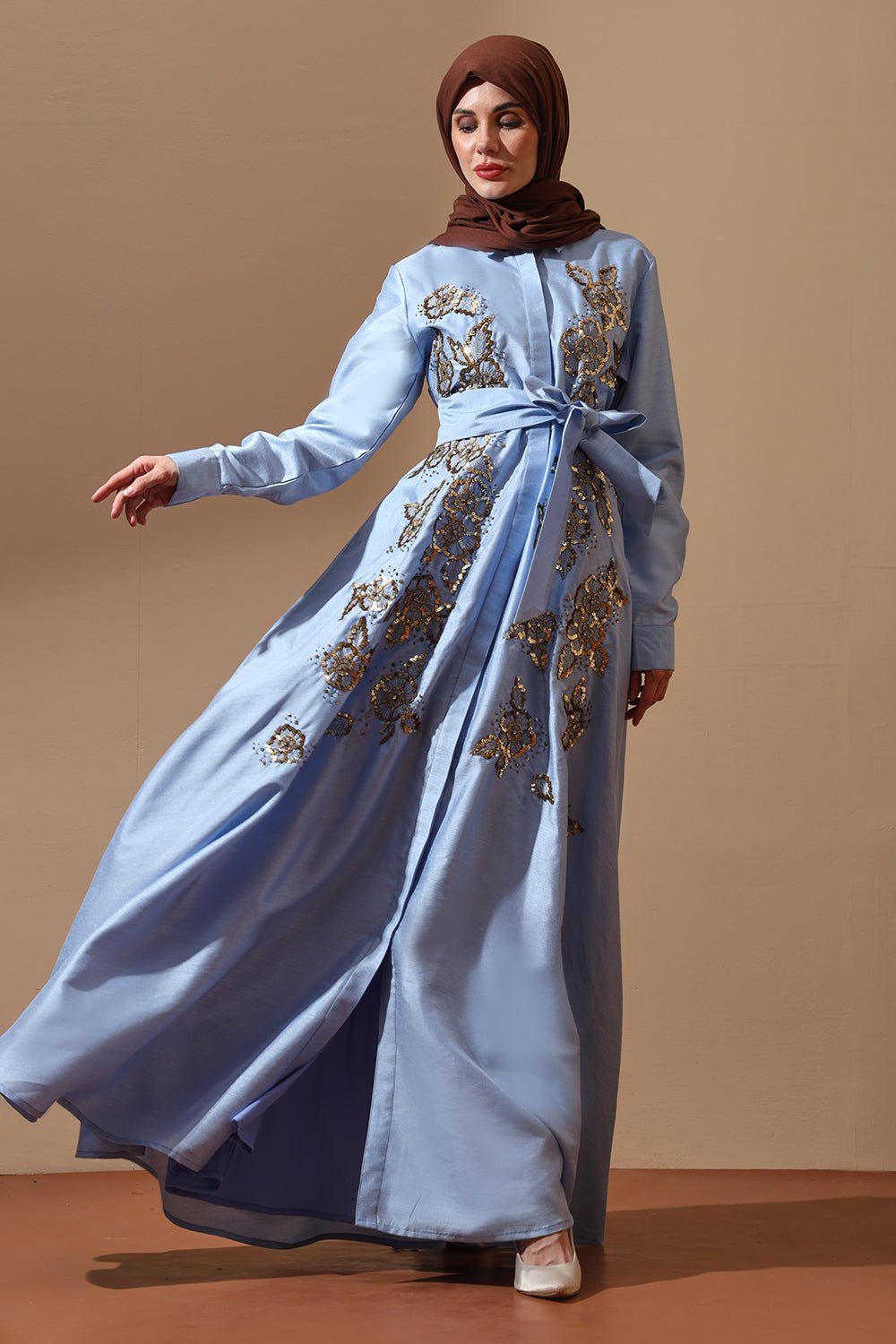 Sky Blue Embellished Luxe Abaya with Floral Embroidery - EastEssence.com