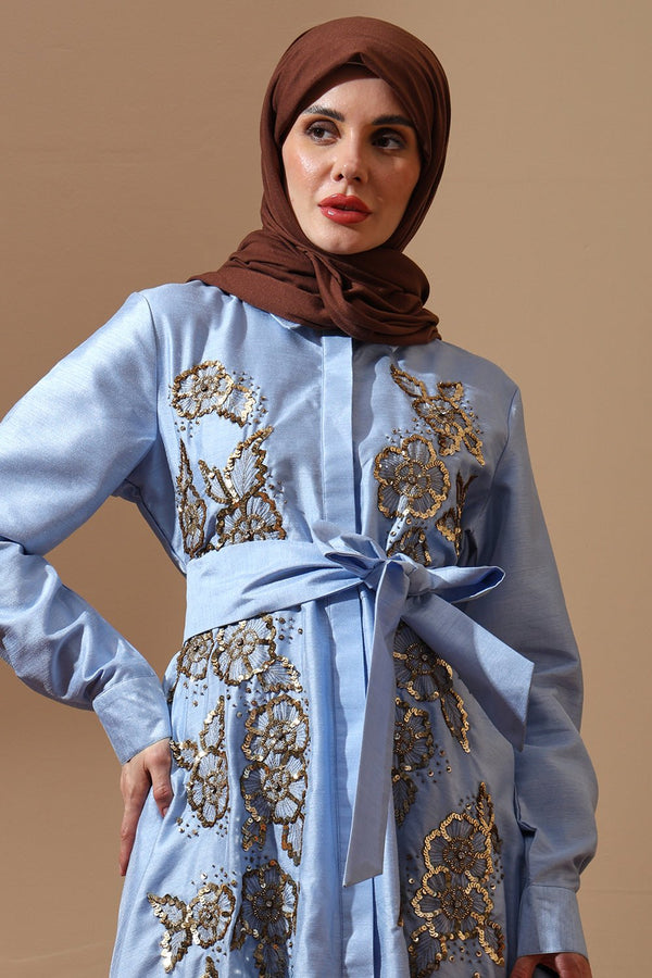 Sky Blue Embellished Luxe Abaya with Floral Embroidery - EastEssence.com